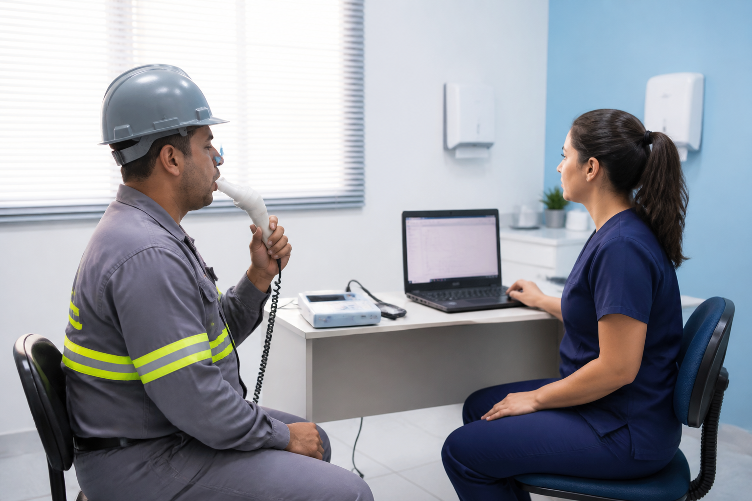 Espirometria ocupacional avaliando a função pulmonar do trabalhador